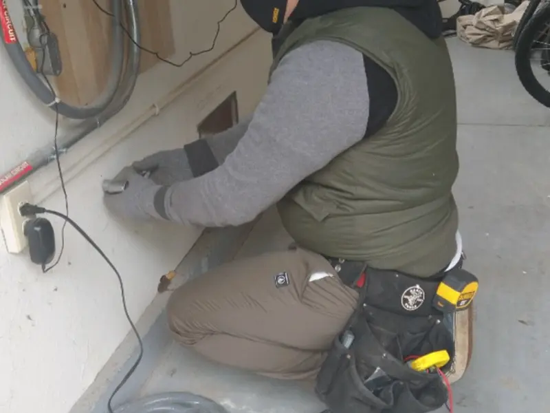Electrician performing outlet wiring in a Park Ridge garage